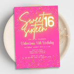 Hot Pink Neon Glow Gold Glitter Sweet 16 Birthday Invitation<br><div class="desc">Sweet Sixteen birthday party design in bright hot pink with neon glow and faux gold glitter.</div>