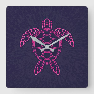 Hot Pink Neon Lava Sea Turtle Design Square Wall Clock