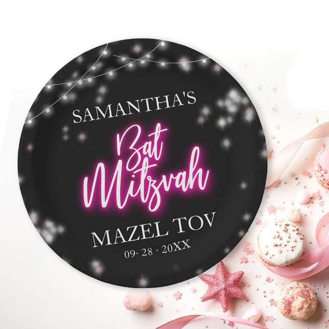 Hot Pink Neon-Themed Bat Mitzvah  Paper Plate (Creator Uploaded)
