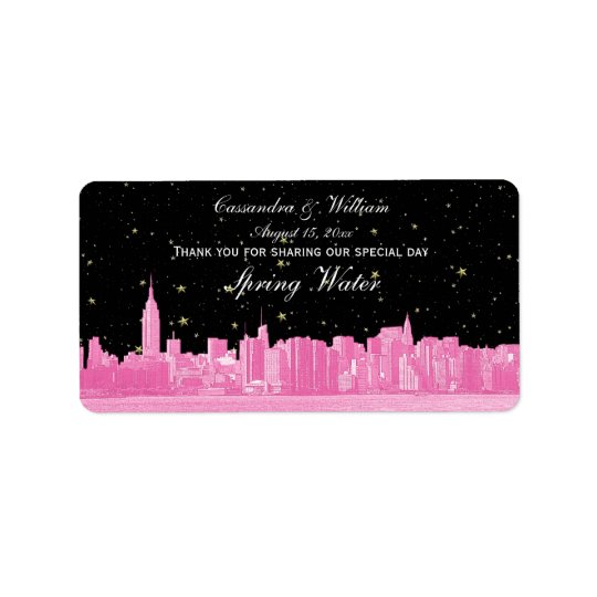 Hot Pink NYC Wide Starry Skyline Etch Water Bottle Address Label