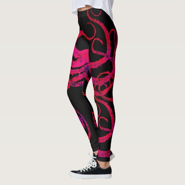 Hot Pink Octopus Tentacles On Black - Leggings (Left)