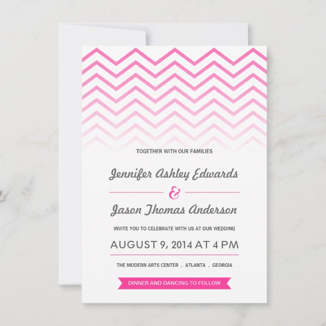Hot Pink Ombre Chevron Wedding Invitations (Front)
