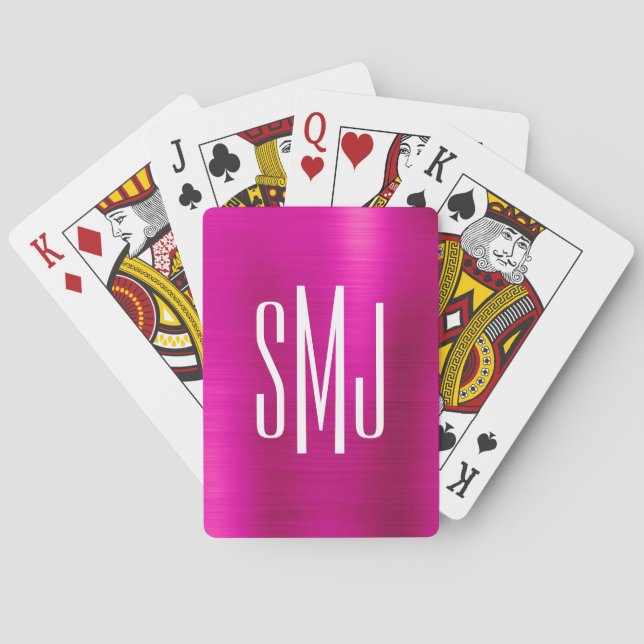 Hot Pink Ombre Foil Three Letter Monogram Playing Cards (Back)