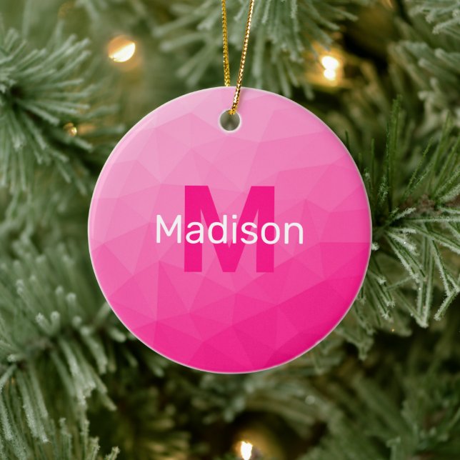 Hot pink ombre geometric mesh pattern Monogram Ceramic Ornament (Tree)