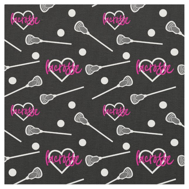 Hot Pink on Black Lacrosse Sticks & Hearts Pattern Fabric (Close Up)