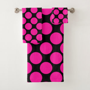 Hot Pink on black Polka Dot Pattern Bath Towel Set