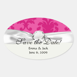hot pink on pink chic damask pattern oval sticker