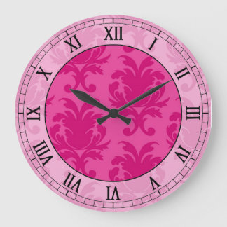hot pink on pink chic damask roman numerals large clock