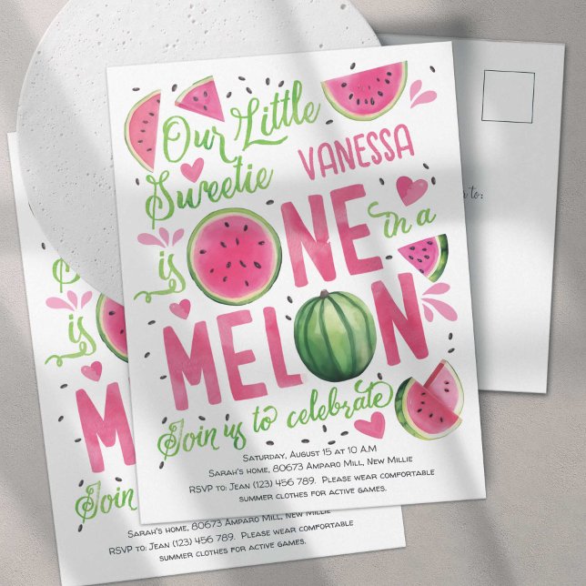 Hot Pink One in a Melon, Cute Watermelon 1st  Invitation Postcard (Summer Cute Pink Watercolor One In a Melon, Watercolor Themed Girl 1st Birthday Postcard Invites.)