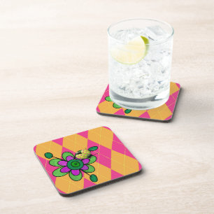 Hot Pink & Orange Argyle Ladybug & Flower Coaster