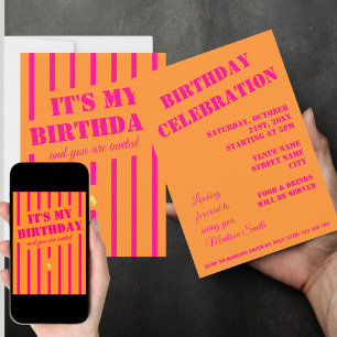 Hot pink orange birthday party Invitation