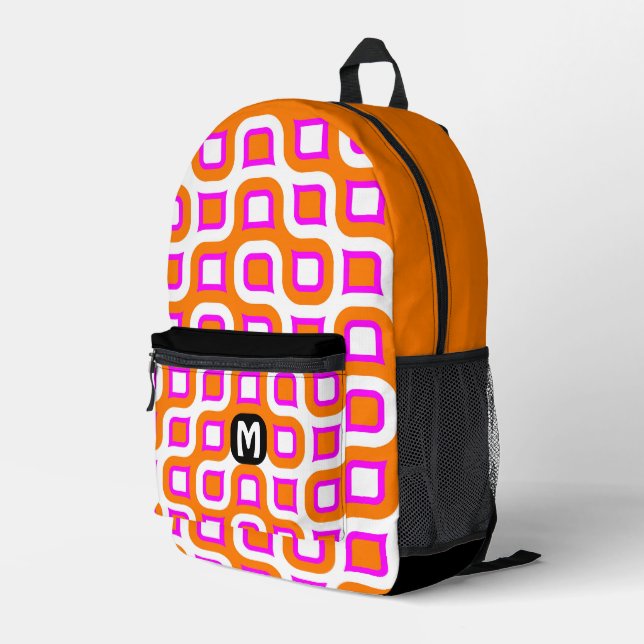 Hot Pink Orange Black White Midcentury Art Pattern Printed Backpack (Back Corner Right)