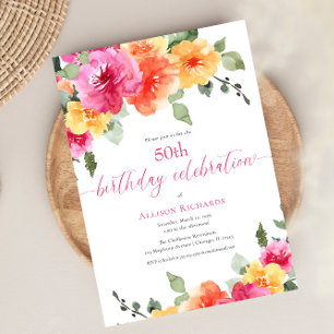 Hot pink orange bright floral 50th birthday party invitation