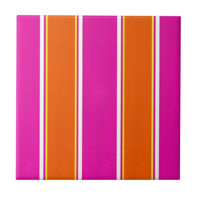 Hot Pink Orange Cabana Stripes Ceramic Tile (Front)