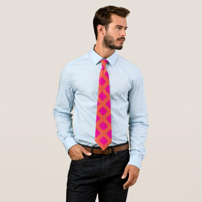 Hot Pink Orange Chequered Patterns Colourful Gift Tie (In Situ)