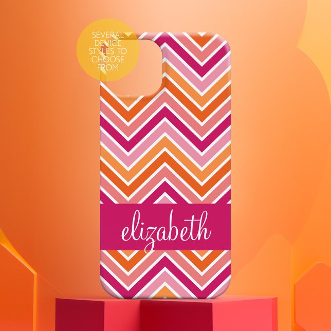 Hot Pink & Orange Chevron Pattern and Name (Personalized Phone Case - Many Device Styles to Choose From)