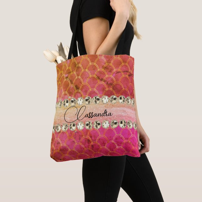 Hot Pink Orange Diamond Bling   Tote Bag (Close Up)