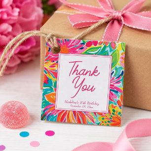 Hot Pink Orange Floral Birthday Thank You Favour Tags