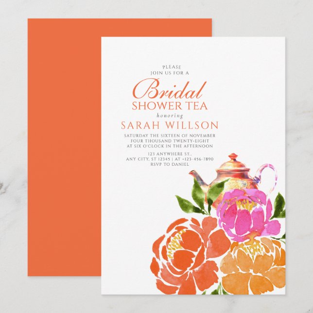 Hot Pink Orange Floral Bridal Shower Tea Invitation (Front/Back)