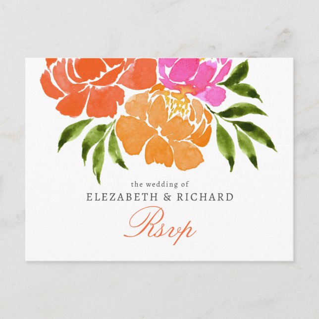 Hot Pink Orange Floral Fall Wedding Rsvp Postcard (Front)