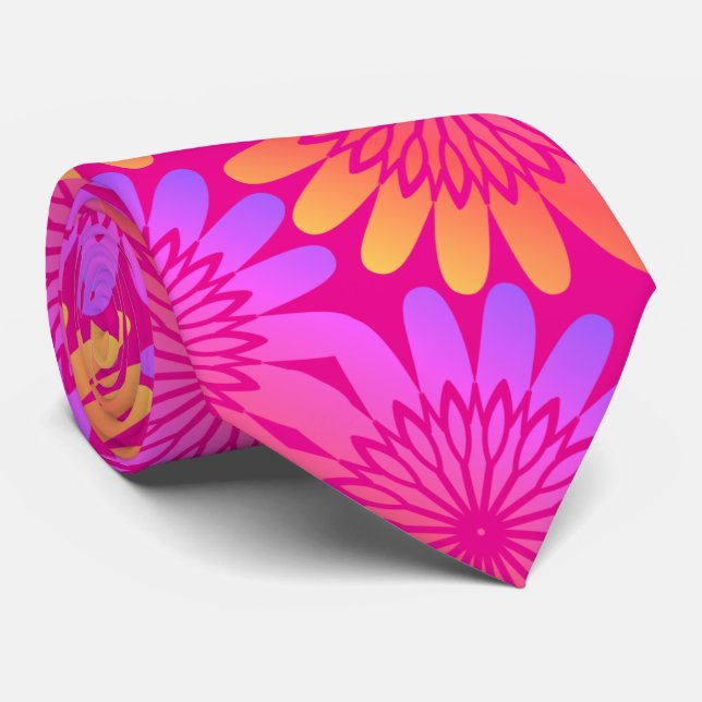 Hot Pink Orange Floral Retro Patterns Modern Tie (Rolled)