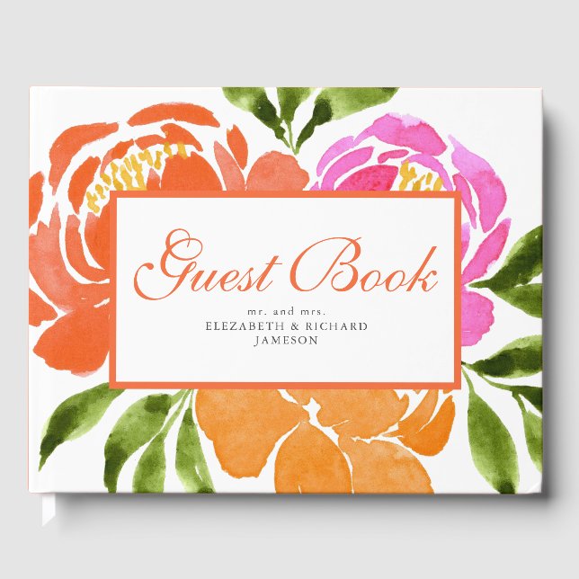 Hot Pink Orange  Floral Summer Wedding Guest Book (Front)