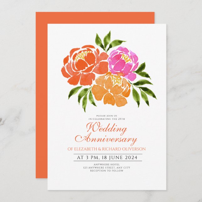  Hot Pink Orange Floral Wedding Anniversary Invitation (Front/Back)