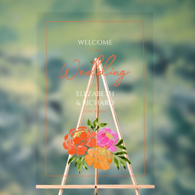  Hot Pink Orange Floral  Wedding Welcome Acrylic Sign (Neutral)