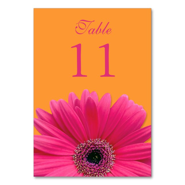 Hot Pink Orange Gerbera Daisy Wedding Table Number (Front)
