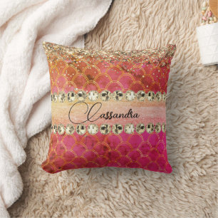 Hot Pink Orange Glittery Diamond Bling   Cushion