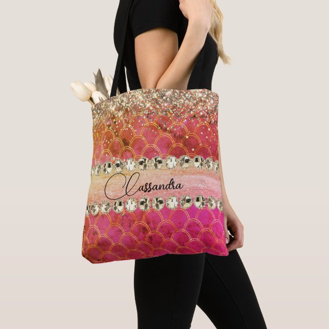 Hot Pink Orange Glittery Diamond Bling   Tote Bag (Close Up)