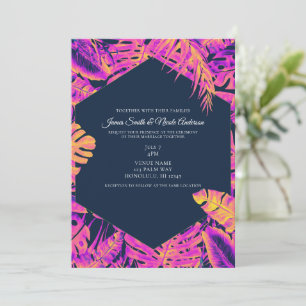Hot Pink Orange Navy Tropical Palm Leaves Wedding Invitation