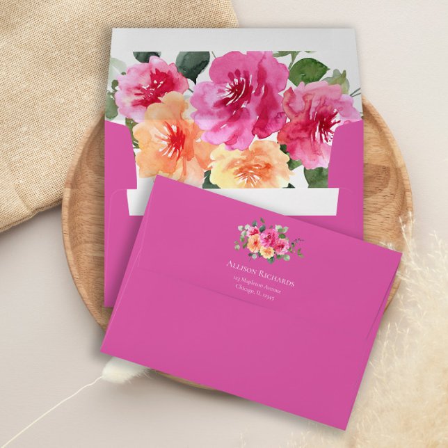 Hot pink orange peonies floral envelopes 5x7 card (Creator Uploaded)