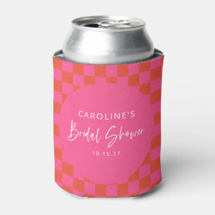 Hot Pink Orange Retro Chequerboard Bridal Shower Can Cooler