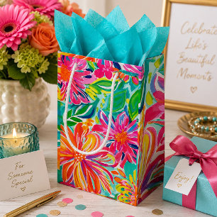 Hot Pink Orange Tropical Watercolor Flowers Small Gift Bag