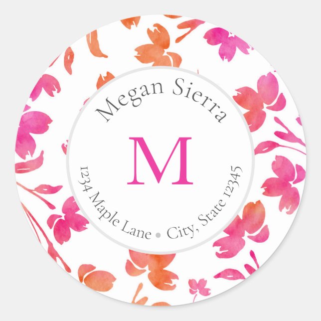 Hot Pink & Orange Watercolor Flower Stems labels (Front)