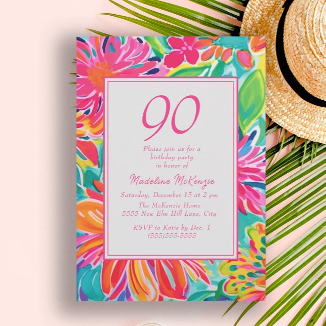 Hot Pink Orange Watercolor Flowers 90th Birthday Invitation (Hot pink and orange tropical leaves 90th birthday party invitation for women.)