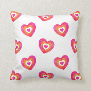 Hot Pink Orange Watercolor Heart Pattern Cushion
