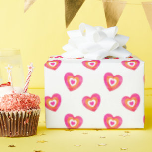 Hot Pink Orange Watercolor Heart Pattern Wrapping Paper