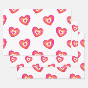 Hot Pink Orange Watercolor Heart Pattern Wrapping Paper Sheet