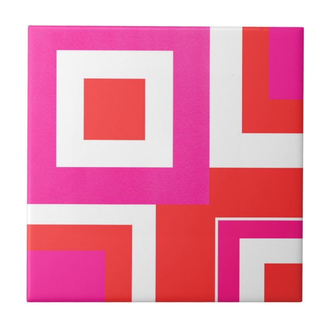 Hot Pink Orange White Geometric Block Ceramic Tile (Front)