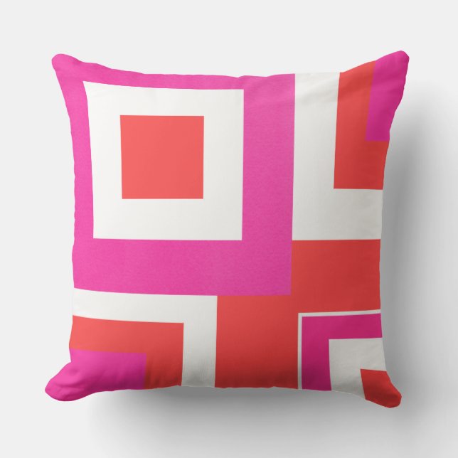 Hot Pink Orange White Geometric Block Outdoor Cushion (Front)