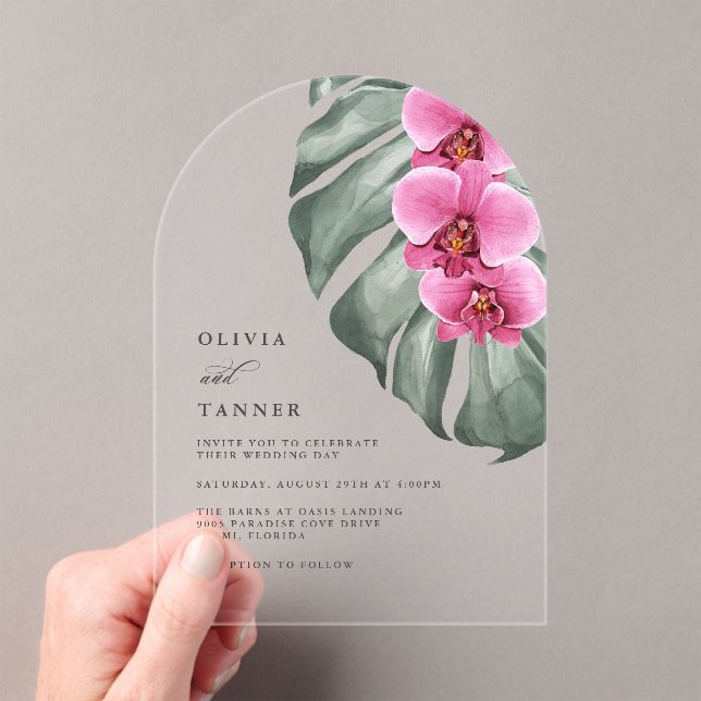 Hot Pink Orchids Monstera Tropical Floral Wedding Acrylic Invitations (Insitu (Handheld))
