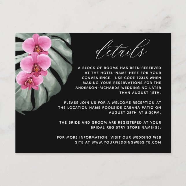 Hot Pink Orchids on Monstera Tropical Details Enclosure Card (Front)