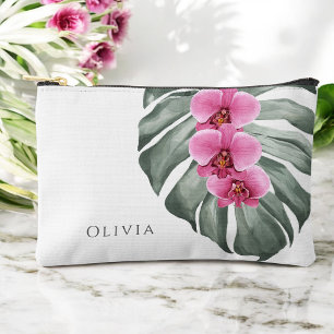 Hot Pink Orchids on Monstera Tropical Floral Accessory Pouch