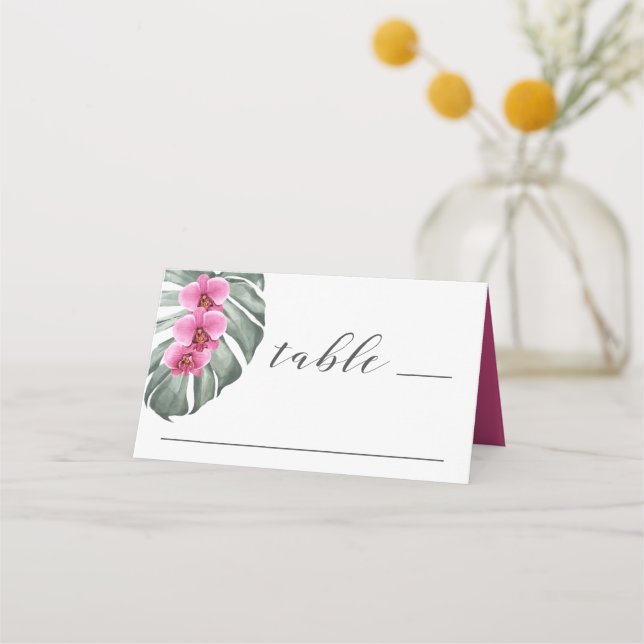 Hot Pink Orchids on Monstera Tropical Wedding Place Card (Front)