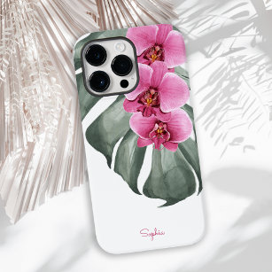 Hot Pink Orchids Tropical Floral with Your Name iPhone 12 Mini Case