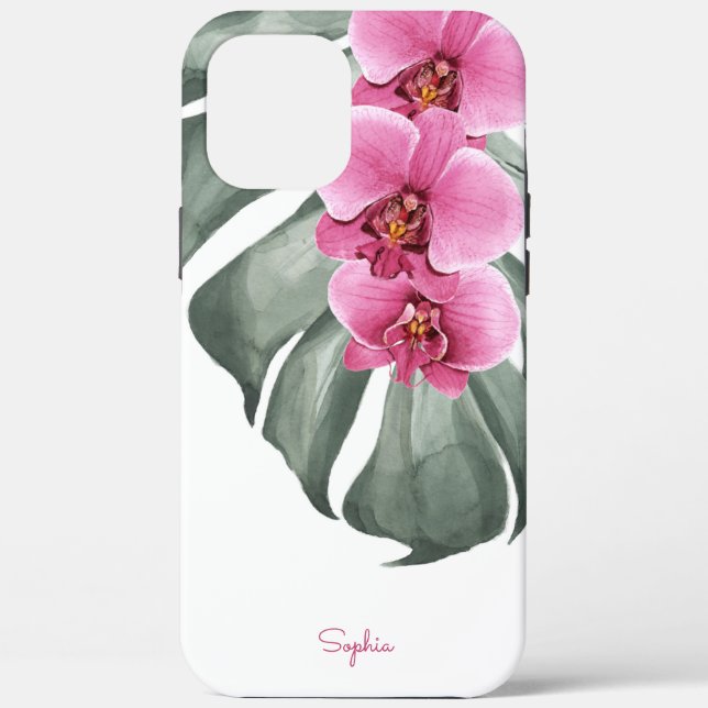 Hot Pink Orchids Tropical Floral with Your Name Case-Mate iPhone Case (Back)