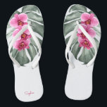 Hot Pink Orchids Tropical Floral with Your Name Thongs<br><div class="desc">Make a feminine fashion statement in this lush tropical design featuring hot pink - fuchsia orchids and a beautiful Monstera leaf in vibrant watercolors. The design is both simple and elegant with a trendy look energised by the tropical botanical elements. Personalise the text template on the left flipflop with your...</div>