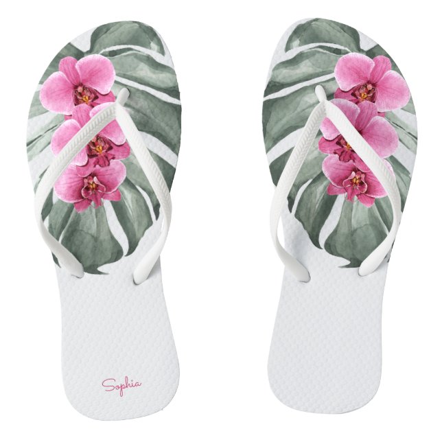 Hot Pink Orchids Tropical Floral with Your Name Thongs (Footbed)